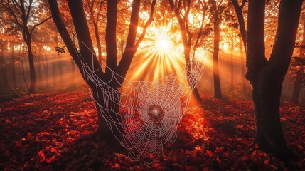 Fiery sunset glow through forest trees with spiderweb shining in morning dew