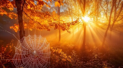 A macro shot of a spider web in the morning, adorned with dew drops, reveals a delicate and intricate natural pattern of lines and mesh