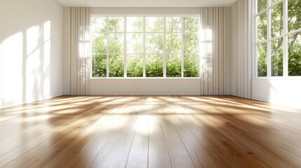Poster - An inviting room featuring large windows that allow ample natural light to filter in, enhancing the warm wooden floors and creating an inviting atmosphere.