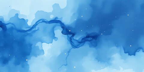 Poster - Abstract blue watercolor background with flowing shapes and scattered tiny white dots