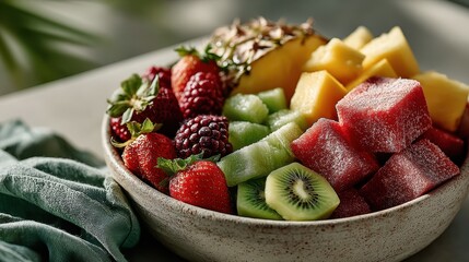 Poster - A colorful assortment of fresh fruits in a bowl, featuring strawberries, melons, and pineapples, highlighting the appealing variety and health benefits of a fruity lifestyle.