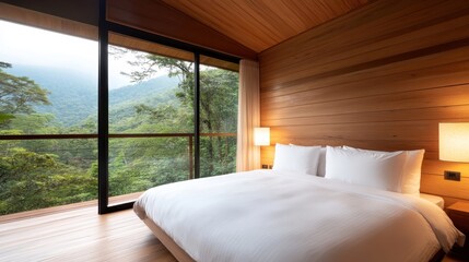 Poster - A serene, modern bedroom featuring a wooden interior and large windows that open to breathtaking views of a lush green forest, inviting tranquility and nature inside.