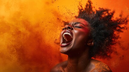 Poster - An emotive portrait of a woman screaming in apparent euphoria, surrounded by a vibrant burst of orange powder, symbolizing passion, creativity, and raw emotion in artistic expression.