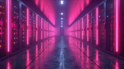 Poster - A neon-lit corridor of a modern data center featuring rows of server racks, reflecting digital technology and innovation in a visually striking and futuristic atmosphere.