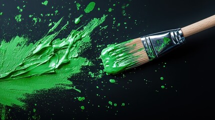 Poster - An artistic shot featuring a green paint brush creating vibrant strokes on a black surface, symbolizing creativity and expression through colors.