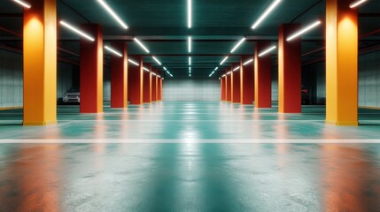 Poster - A visually striking view of an illuminated parking garage, showcasing colorful pillars, reflective surfaces, and a modern ambiance, perfect for urban exploration.
