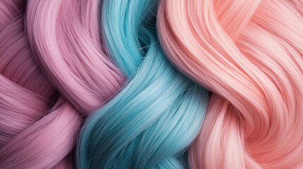 Poster - A close-up view of vibrant, colorful hair in shades of pink, blue, and peach intricately braided together, showcasing bold and creative hair fashion for modern trends.