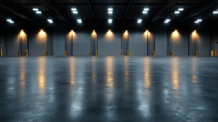 Poster - An empty industrial warehouse featuring polished flooring and bright lights, conveying a sense of spaciousness and functionality in a modern setting.