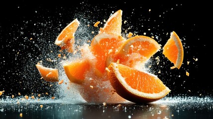 Poster - Vibrantly splattered orange slices burst with energy against a dark background, capturing the essence of freshness and vitality in a captivating visual display.