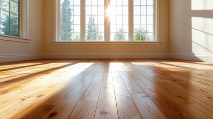 Poster - A serene scene of a sunlit wooden floor in an empty room, highlighting the beauty of natural light and the elegant design of interior spaces.