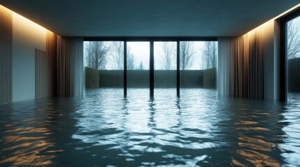 Poster - A serene yet haunting image of a flooded interior space, evoking feelings of tranquility and stillness while simultaneously raising awareness of environmental issues such as flooding.