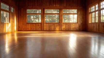 Poster - This spacious room features warm wooden walls and large windows, allowing natural light to create a serene and inviting atmosphere perfect for relaxation or creativity.
