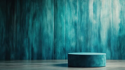 Poster - A stylish round stool positioned elegantly in front of a textured turquoise wall, creating a calming and modern ambiance perfect for interior design projects or creative spaces.