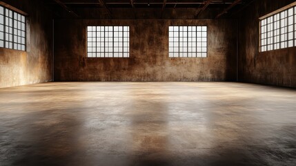Poster - An expansive industrial warehouse featuring concrete walls, wooden beams, and large windows, creating a warm and inviting atmosphere for various events and activities.