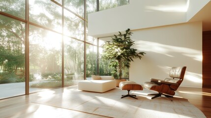 Poster - A stylish and modern living room bathed in natural light, featuring sleek furniture and lush greenery, creating a serene atmosphere that blends indoor and outdoor living.