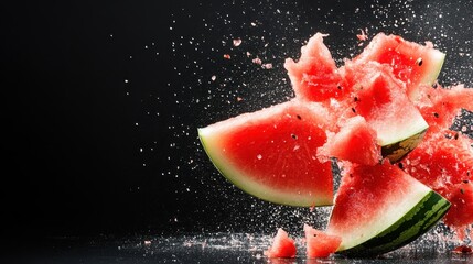 Poster - A dramatic explosion of watermelon slices, bursting with juiciness and freshness, captivates with vivid colors and an energetic visual motif, symbolizing summertime enjoyment and spontaneity.