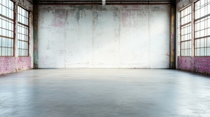 Poster - An expansive empty industrial space with sunlight streaming through large windows, highlighting the beauty of minimalism in architecture and inviting creative possibilities.