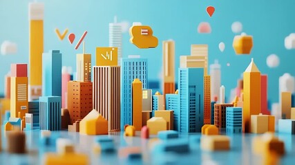 Colorful 3D cityscape with vibrant buildings, digital elements, and abstract shapes in the background