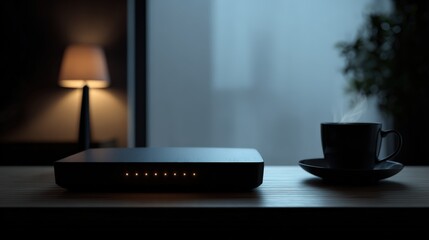 Poster - Modern wireless modem glowing with led indicators on a sleek minimal desk, showcasing high-speed internet connection in a clean home workspace, ideal for technology and connectivity visuals