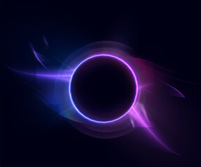 Poster - Circle of blue-violet glow with smooth wavy transitions on dark background. Suitable for interfaces, sci-fi visualization effects, portals, swirls, frames. Vector