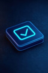 Poster - A glowing blue 3D checkmark icon on a dark textured surface, symbolizing confirmation or approval in a digital or technological context.