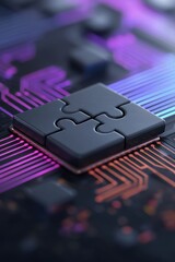 Poster - A close-up of a black puzzle piece integrated on a colorful circuit board, symbolizing connection and technology innovation.