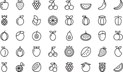 Poster - Delicate Fruit Outline Icons Vector Set: Minimalist Design for Healthy Food, Nutrition, and Summer Themes, Perfect for Print and Digital Media