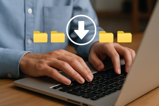 A person's hands typing on a laptop keyboard, with download icons displayed.