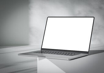 Poster - A laptop with a blank screen stands on the corner of a box-like surface, creating a modern, abstract, and stylish aesthetic. 3d render