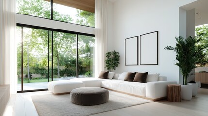 Poster - This contemporary living room design features large windows that flood the space with natural light, complemented by lush greenery, creating a warm and inviting atmosphere.