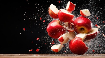 Poster - A dynamic image of red apples exploding into pieces, creating a stunning visual effect of action and motion against a contrasting dark background.