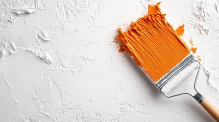 Poster - A close-up of a paint roller covered in vibrant orange paint against a textured white wall, ideal for showcasing creative DIY or home improvement projects.