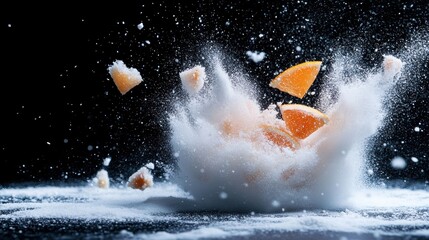 Poster - This high-energy image captures a vivid moment of oranges creating a dramatic splash in a cloud of white sugar, evoking sensation of freshness and culinary creativity.