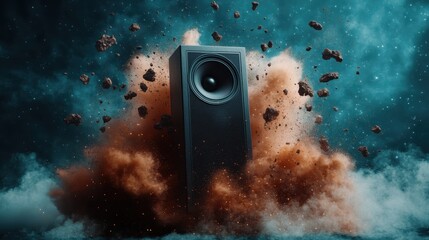 Poster - A striking image of a powerful speaker amidst a swirling cloud of energy and particles, symbolizing sound vibrating through space and creativity in an artistic way.