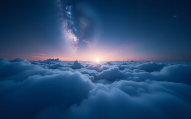 starry night sky above clouds over water. possible use background image for a dream, fantasy, or esc