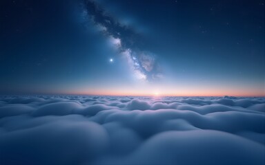 starry night sky above clouds over water. possible use background image for a dream, fantasy, or esc