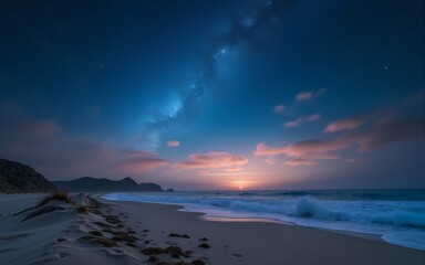 Wall Mural - Beach dunes under a vibrant starry night sky, with waves, used for nature themes. High quality