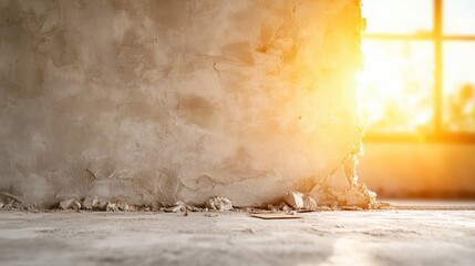 Poster - A weathered wall with a rugged texture illuminated by warm sunlight, creating an ambiance of tranquility and rustic charm in a minimalist aesthetic.