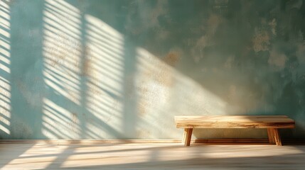Poster - An aesthetically pleasing image of a sunlit room featuring a wooden bench and dramatic shadow play across the textured wall, evoking tranquility and minimalism in design.