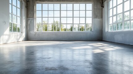 Poster - A bright and spacious room with large industrial-style windows, allowing natural light to flood in and creating an open, airy atmosphere for various uses or settings.