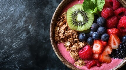 Poster - A vibrant fruit bowl filled with various berries and kiwi, arranged aesthetically, highlighting the freshness and health benefits of a balanced diet in a visually appealing manner.