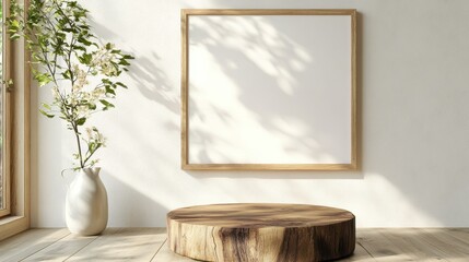 Poster - A minimalist interior scene showcasing a blank wooden frame on a wall beside a beautiful floral arrangement in a white vase, highlighting simplicity and elegance.