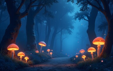 Wall Mural - enchanting night scene of a mystical forest with glowing fireflies and mushrooms under a starry sky.