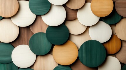 Poster - A vibrant assortment of wooden discs in various colors and sizes, creating an artistic pattern that showcases texture, creativity, and modern design aesthetics.