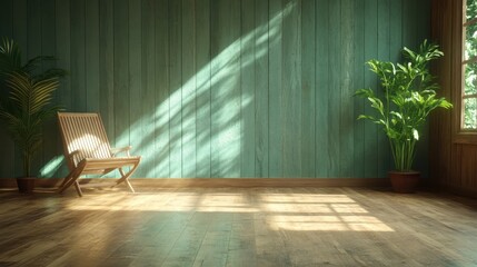 Poster - A tranquil empty room with wooden flooring and vibrant plants, illuminated by soft sunlight, representing peace, simplicity, and a welcoming atmosphere in modern spaces.