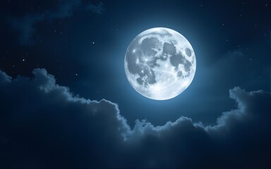 Wall Mural - Glowing full moon rising in starry night sky with cosmic clouds, ideal for space themes. High quality