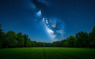 Wall Mural - Starry night sky over a serene meadow with vibrant green trees and a glowing Milky Way, perfect for nature and tranquility themes. High quality