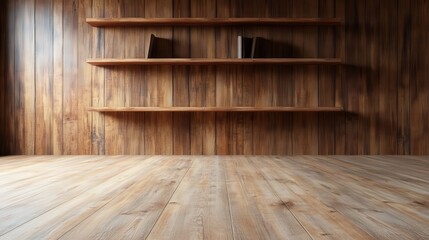 Poster - This image features a minimalist interior design with wooden shelving that evokes a warm and inviting atmosphere, emphasizing simplicity and functionality in a modern space.