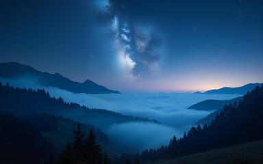 Wall Mural - Scenic view of a stunning starry night sky over a misty mountain valley. Enchanting landscape featuring fog-covered hills beneath a celestial blue sky. A theme of magic and astrology in nighttime a...