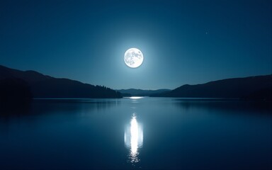 Wall Mural - Serene moonlight lake landscape. Ideal for travel, nature, and peaceful themes. Captures the beauty and tranquility of a moonlit night over a calm lake. High quality